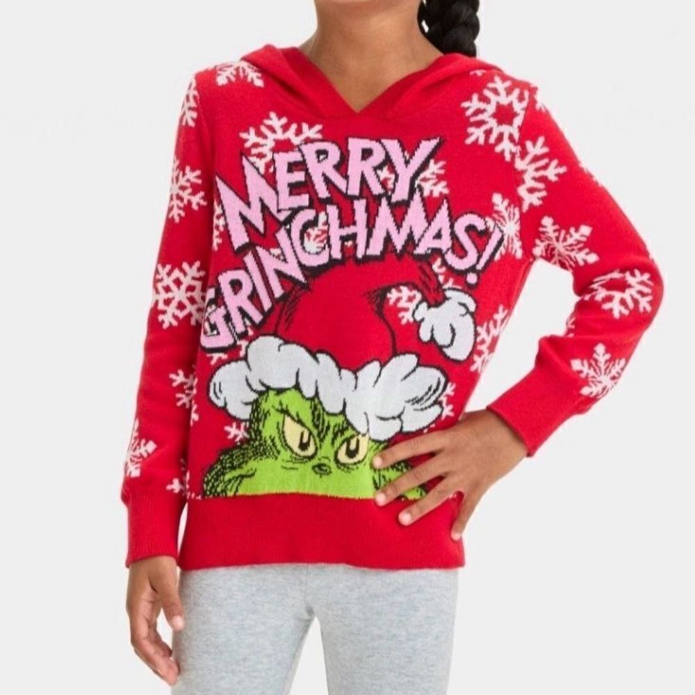 New Toddler Girls' The Grinch Christmas Holiday Pullover Sweater Hood, Red 12 m